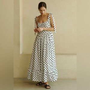 Polka Dot Tie-Shoulder Maxi Dress - White/Black